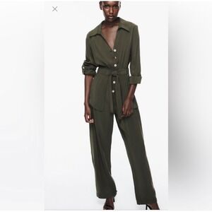 Zara Womens Forest Green Utility Button Front Wide Leg Belted Jumpsuit Small